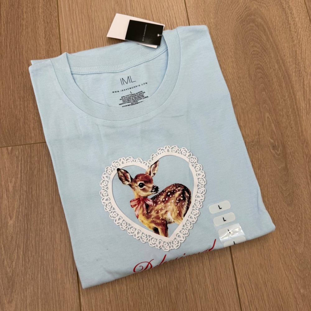 Isaac Morris Ltd Delusional Deer Heart Graphic T-Shirt Light Blue Large NWT